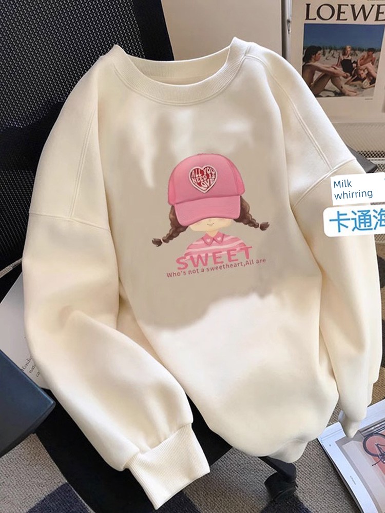 2025 Spring and Autumn New White Small Pullover round Neck Hoodie Women Fleece-lined Thick Loose Top Outerwear Fashion