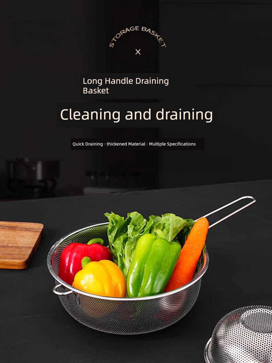 Stainless Steel Long Handle Drain Basket Thickened Dense Hole Multi-Purpose Basin Wash Fruit Basket Washing Basin Drain Oil Multifunctional Rice Washing Machine