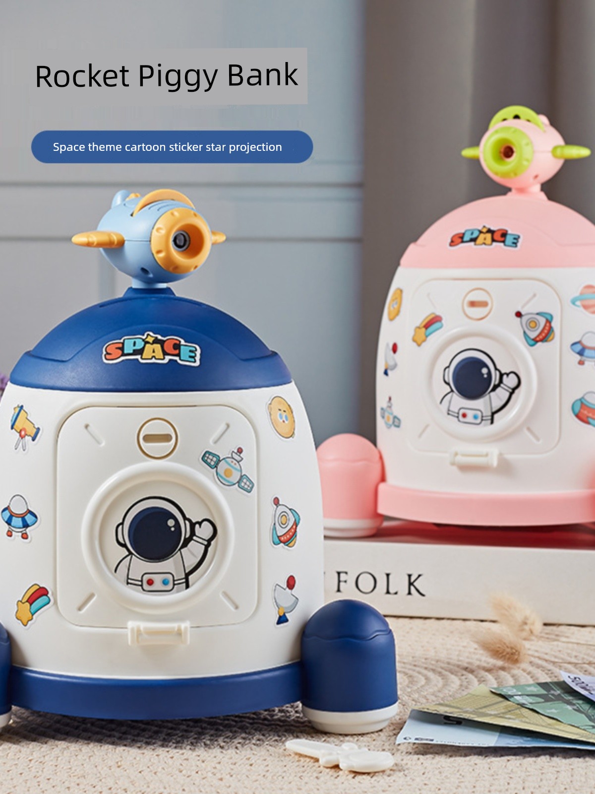 Cartoon Rocket Coin Bank Kids Drop-Resistant Piggy Bank Boys and Girls Piggy Bank Decorations Projection Animal Accessible
