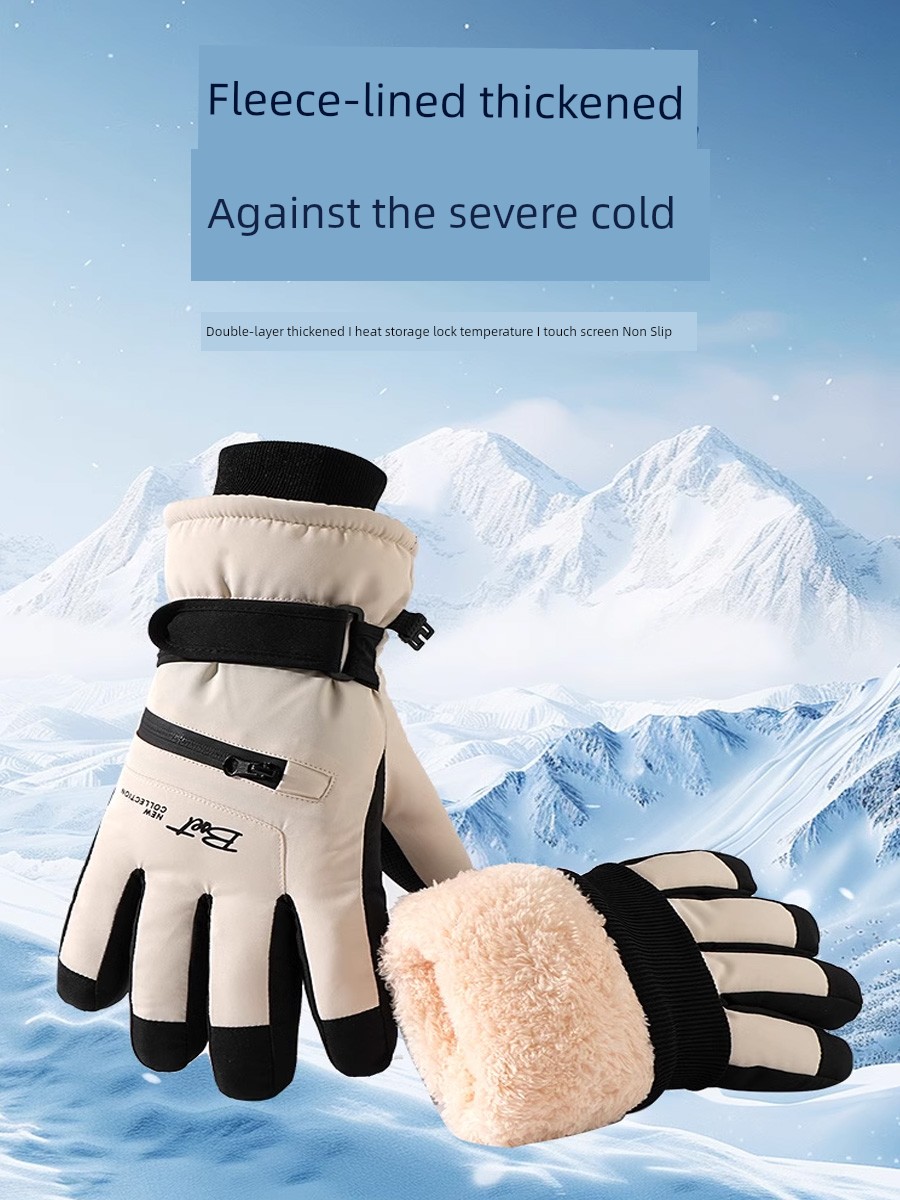 Zipper Pocket Heattech Gloves Skiing Winter Touchable Screen Cold-Proof Snow-Proof Water-Repellent Fleece Thickened Cycling Electric Car