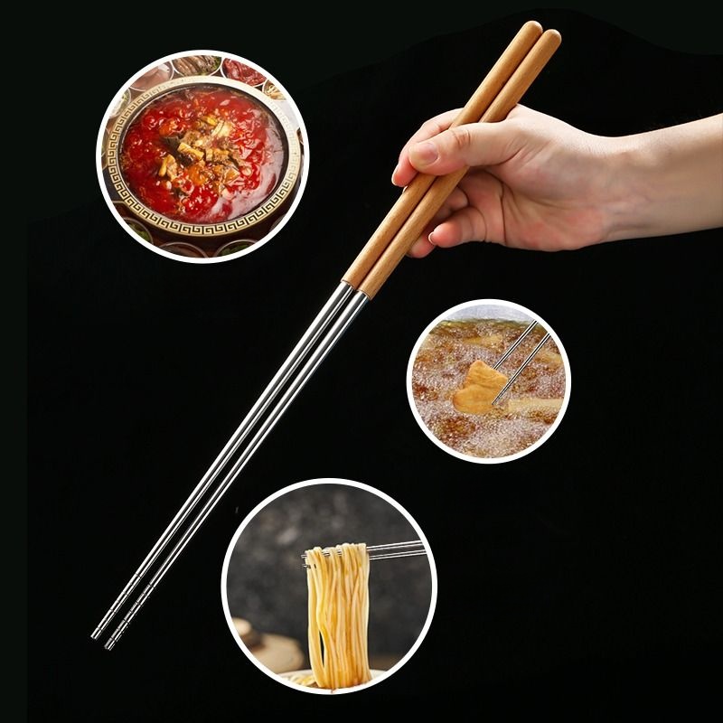 304 Long Chopsticks Fried High Temperature Resistant Things For Home Stainless Steel Scoop Noodles Public Chopsticks Solid Wood Creative Non Slip