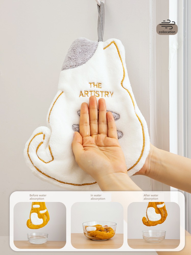 Cat Hand Towel Cloth Hanging Towel Cute Kitchen Absorbent Lint-Free Kids Thickened Bathroom Handkerchief