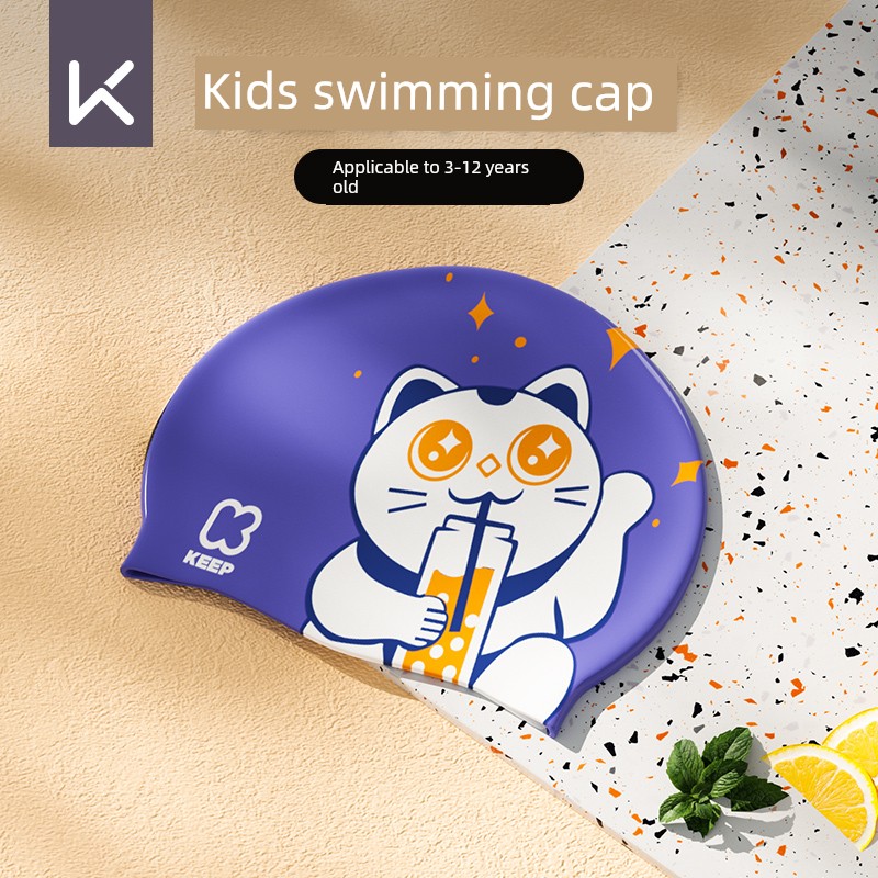 Keep Kids Swimming Cap Girl Boys' Silicone Waterproof Not Squeezing Head Cute Print Swimming Hat for Teenagers and Babies
