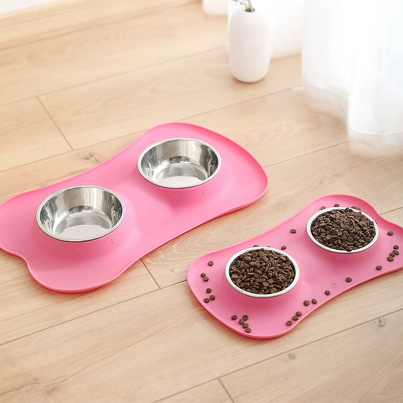 Dog/Cat Bowl Silicone Stainless Steel Pet Non Slip Double Bowl Teddy Eating and Drinking Dual-Use Dog Fixed Dog Food Bowl