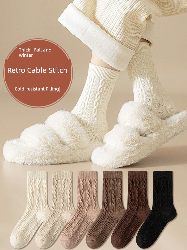 White Socks for Women Autumn and Winter Mid-Calf Length Socks Cotton Bottom Thickened Heattech Retro Twist Long Women Seamless Socks Winter