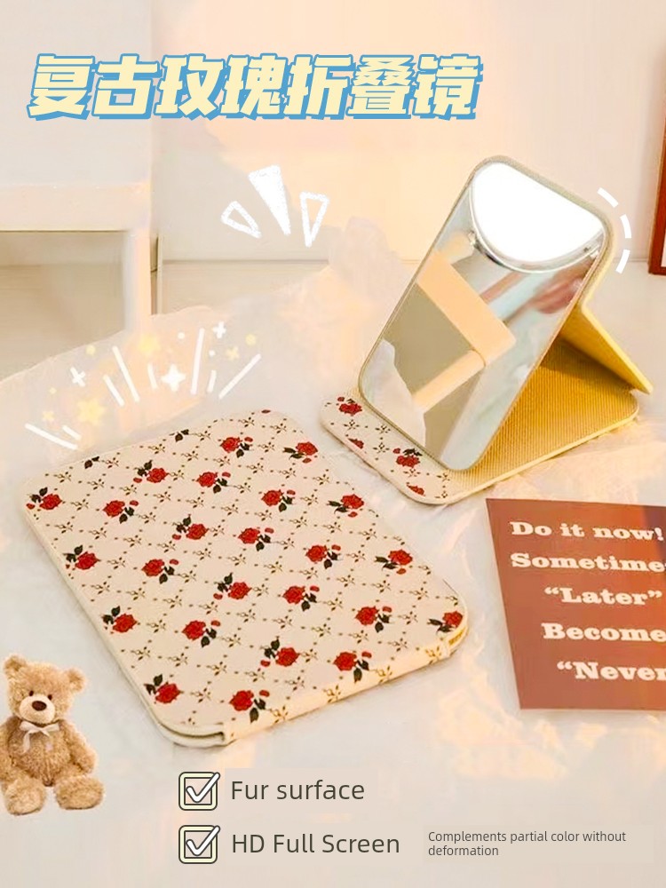 Folding Makeup Mirror Desktop and Countertop Portable HD Office Dresser Student Dormitory Retro Portable Mirror