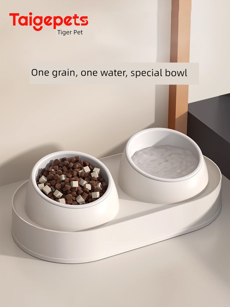 Cat Bowl Ceramic Cat Food Holder Pet Double Bowl Oblique Mouth Drinking Food Bowl Water Bowl Integrated Kittens Rice Bowl Dog Bowl Anti-Tumble