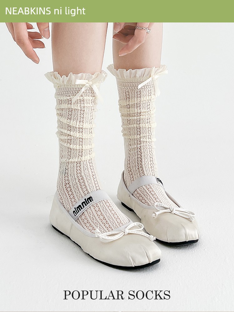 Socks Ballet Style Bunching Socks Women's Summer Thin Bows Lace Lace Knee Socks Calf Socks with Mary Jane Shoes