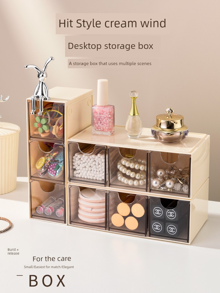 Cream Style Desktop Storage Box Drawer Dressing Table Dust-Proof Storage Rack Acrylic Office Clutter Organizing Box