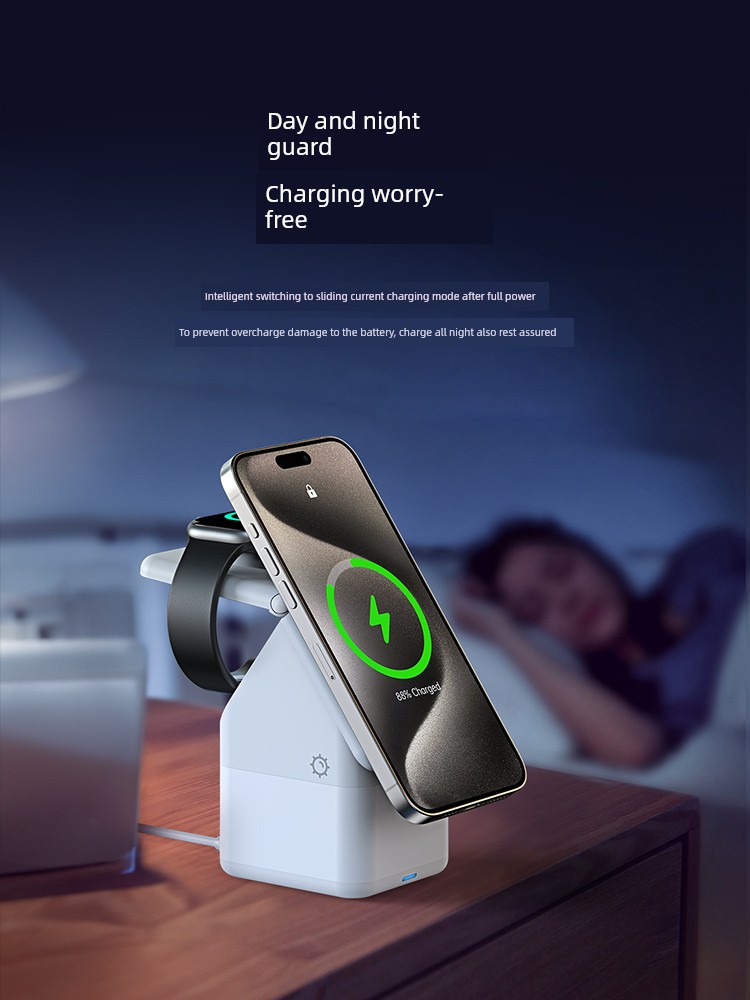 Four-in-One Magnetic iPhone Cabin Creative Gift Desktop Decoration for Wireless Charger Earphone Watch Three-Color Small Night Lamp MagSafe Charging Set Apple Whole Barrels Charging Bracket