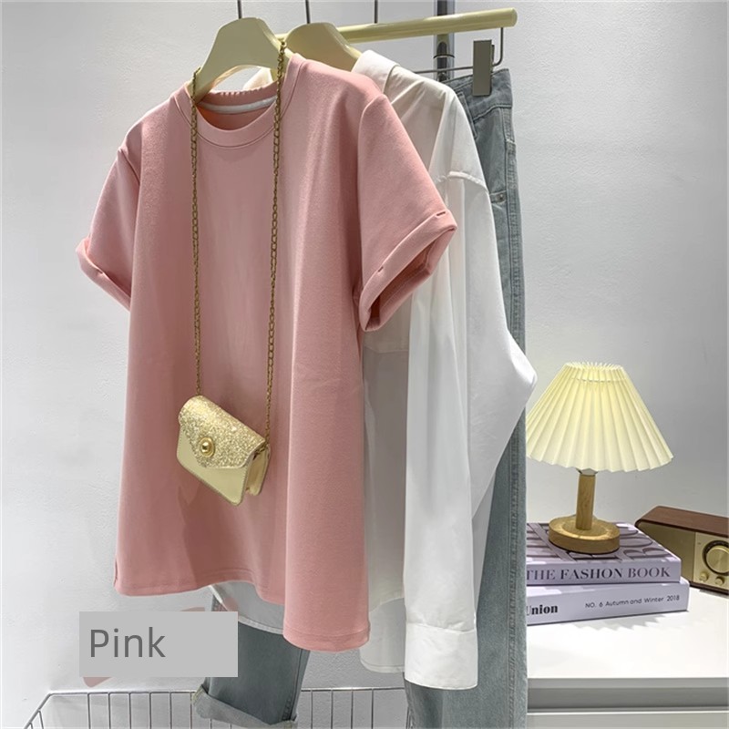 Chubby Girl Plus Size Short-Sleeved T-shirt Female Peacock Blue Loose Casual Versatile High Quality Tops K-style Pure Color Bottoming Shirt Fashion