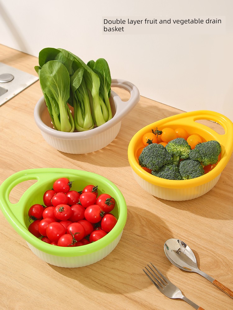 Double-Layer Handle Draining Basket Kitchen For Home Creative Lifting Fruit and Vegetable Draining Basket Fruit and Vegetable Washing Basin