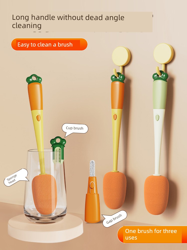 Three-in-One Multifunctional Kitchen Sponge Long Handle Cup Brush