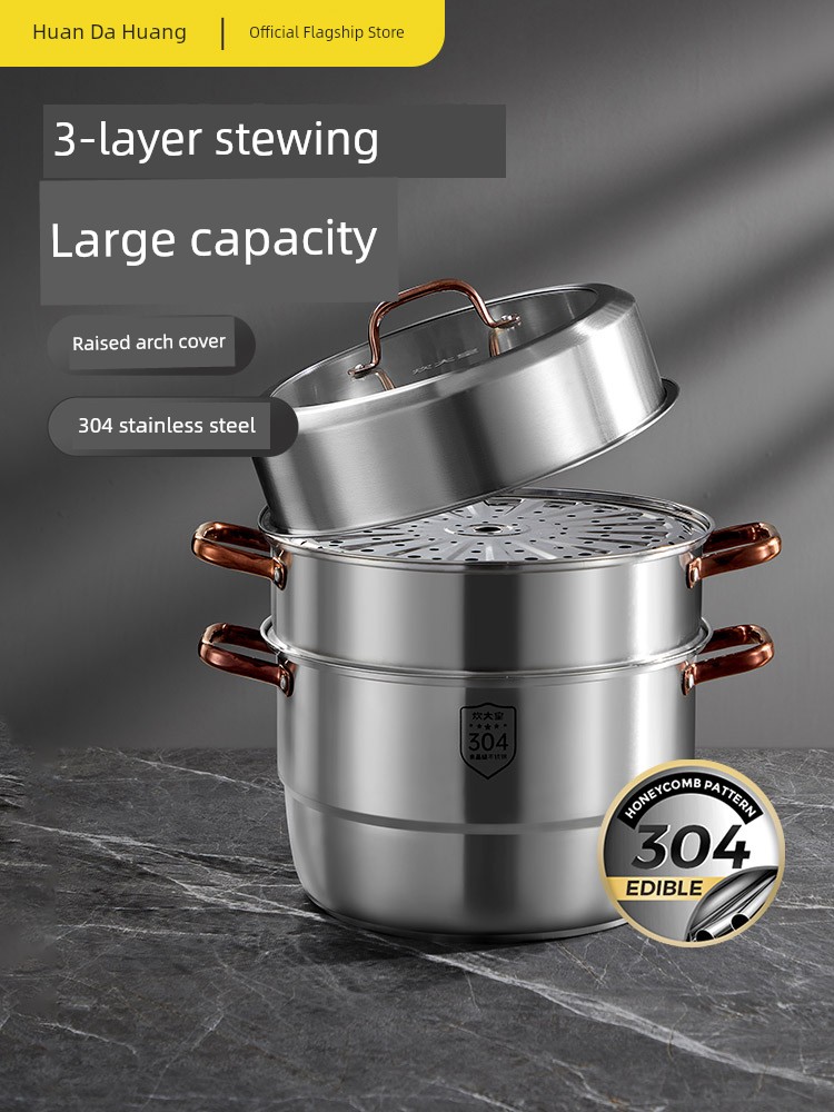 Cooker King 304 Stainless Steel Steamer Home Steamer Thickened Double Layer 28cm Large Induction Cooker Household Gas Stove