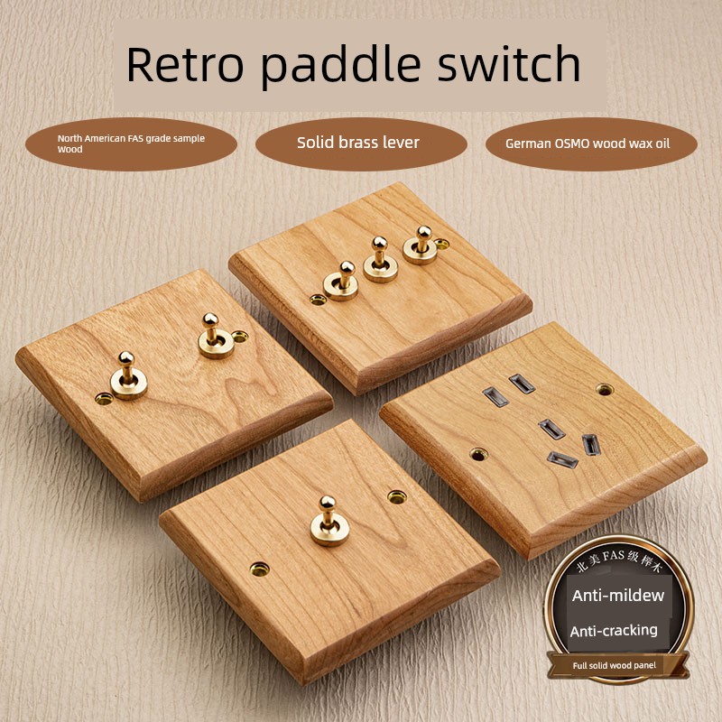 86 Type Solid Wood Switch Socket American Minimalist Style Beech Panel Brass Work Driving Arm Wood Power Supply Retro Log