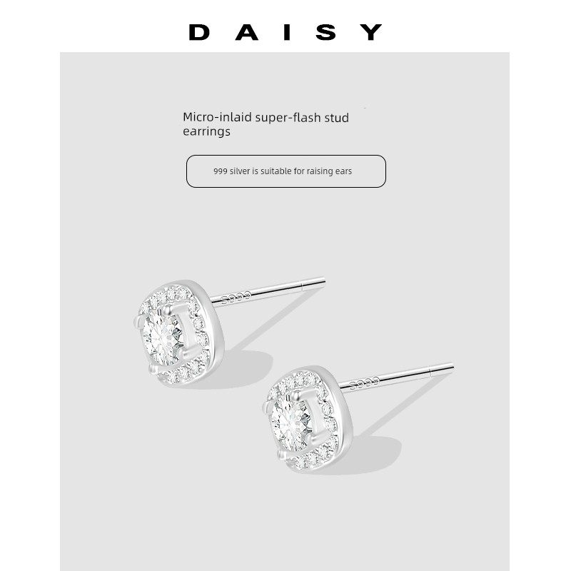 999 Sterling Silver Sparkling Full Rhinestone Stud Earrings for Women Trendy Fancy Elegant New Arrival Stud Earrings Ear-Caring Exquisite Petite Earrings