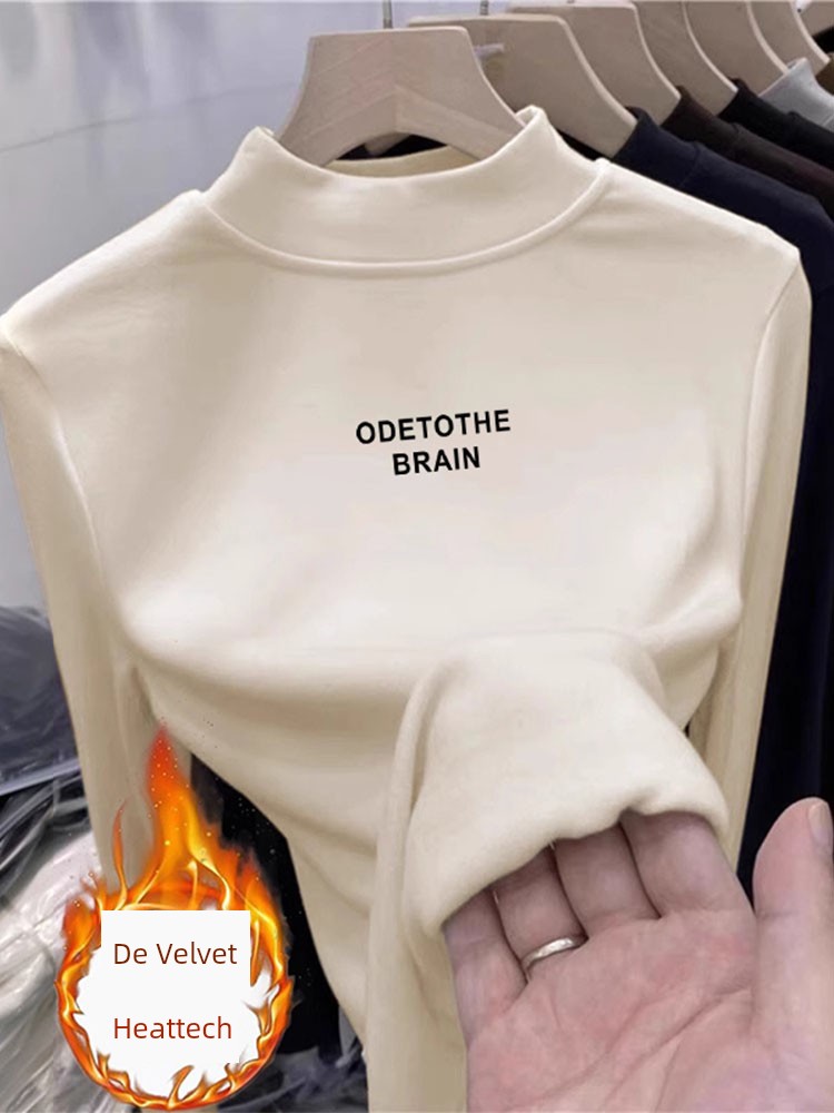 Double-Sided Dralon Warm Long Sleeve T-shirt Bottoming Shirt Women's Autumn and Winter New Arrival Silm Fashionable Fleece-Lined Half Collar Top