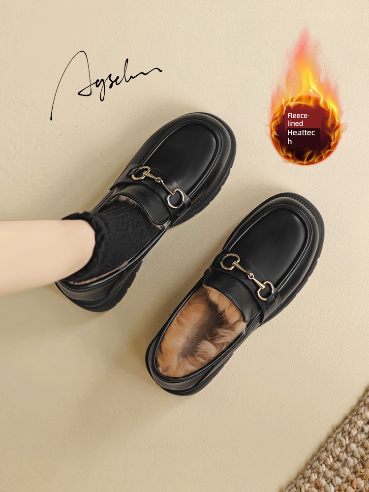 Fleece Lined Loafers Women's 2024 New Arrival Autumn and Winter Thick Sole Snow Boots British Style Black Leather Shoes Slip-on
