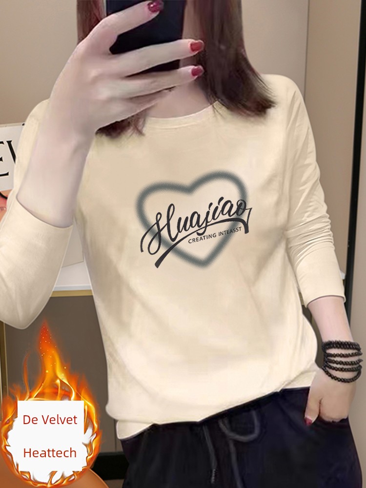 2025 Fall and Winter New Arrival Fleece Long Sleeve T-shirt Women's Cream Color Loose Plus Size Dralon Bottoming Shirt Inner Wear Blouse