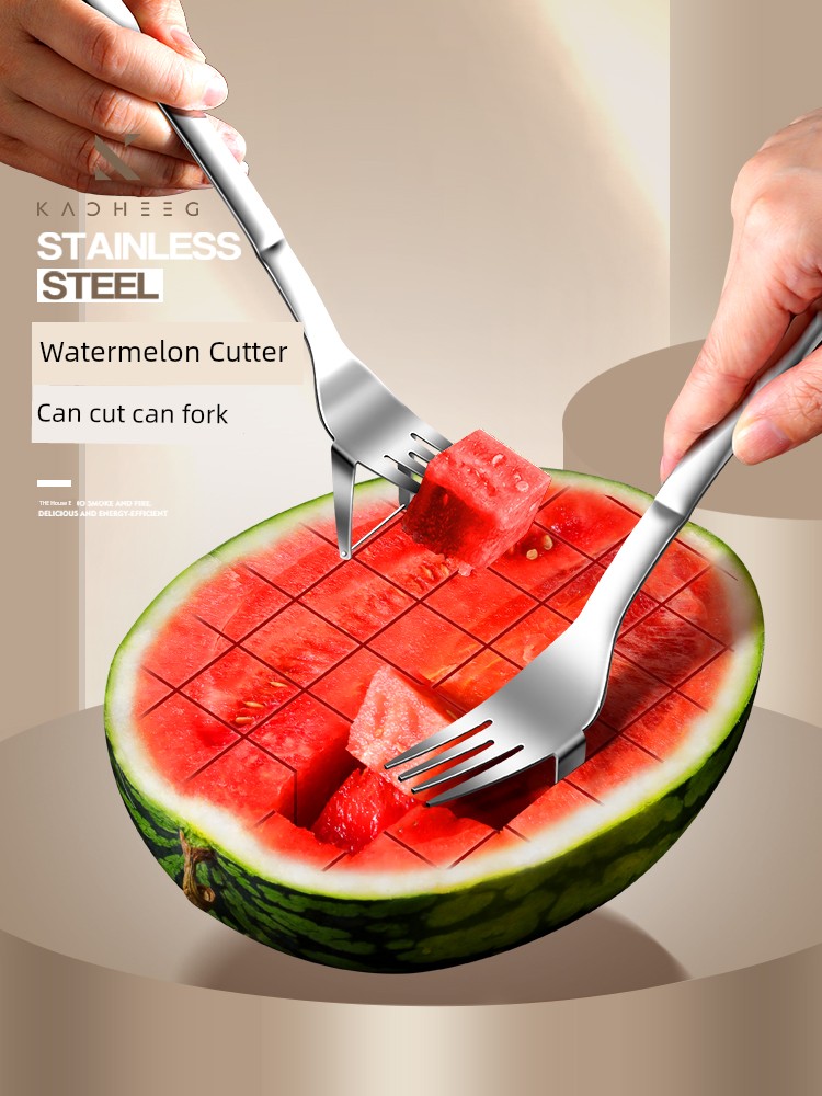 Watermelon Cutting Block Handy Gadget 304 Stainless Steel Splitter Two-in-One Melon Cutting Tool Melon Eating Spork Meat Extractor