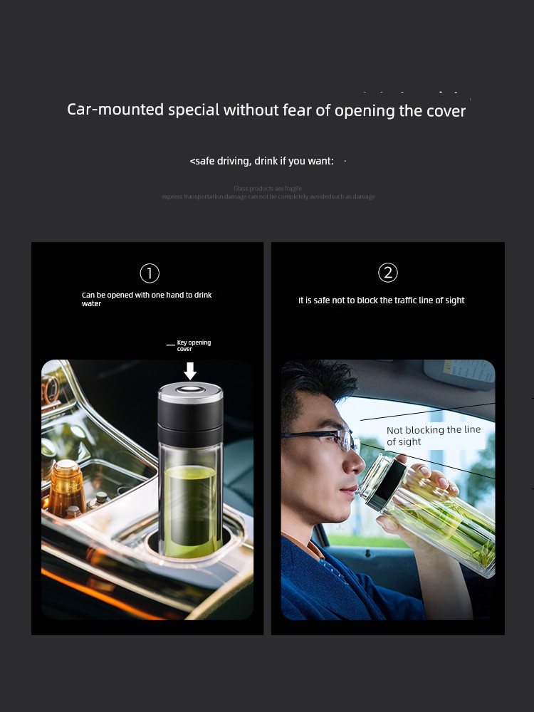 One-Click Open Cover Car Tea and Water Separation Men's Office Press Cup Tea Cup Quickly Open Double Layer Glass Cup