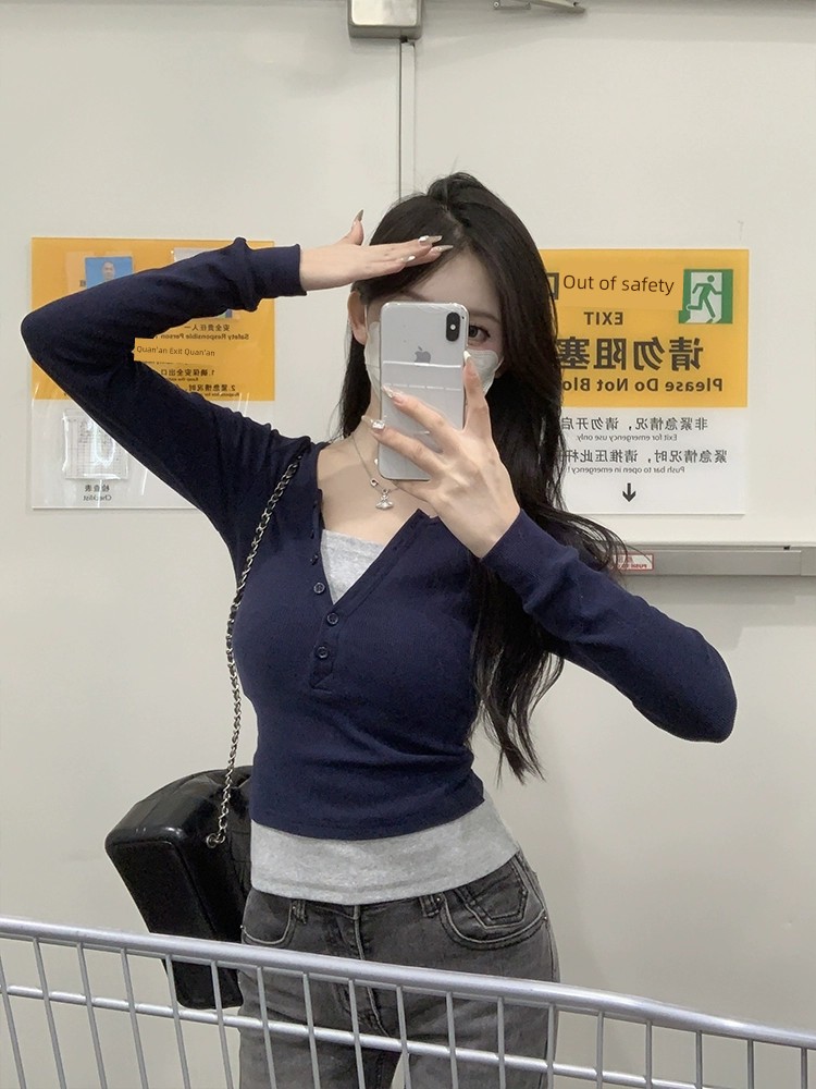 Long Sleeves T-shirt Early Autumn Silm Tops Outerwear Fake Two Pieces