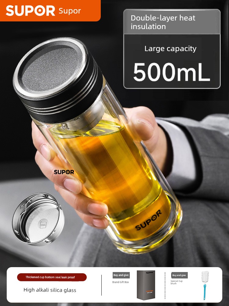 Supor Double Layer Glass Cup Heat Insulation Oven Mitts Men For Home Large Capacity Business Office with Lid Tea Brewing Water Cup