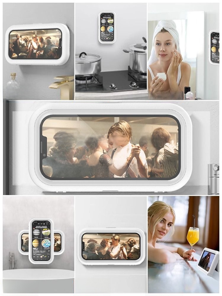 Rotate Bathroom Mobile Phone Water-Proof Box Lazy Fellow Watching TV Binge-watching Miracle Baby Sponge Wall Bathroom Storage Rack Transparent Storage Box Kitchen and Toilet Mobile Phone Stand Holder Retractable HD Fixed