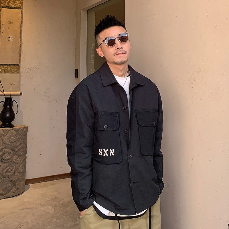 Uncle Bar Spring and Autumn Men Parka Printed Loose Long Sleeves Super Hot Jacket Turn-down Collar Coat K-style Casual American Fashion