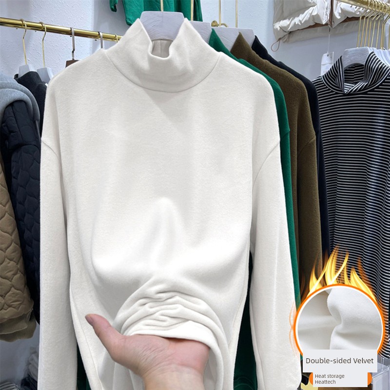 Dralon Half Turtleneck Bottoming Shirt Women's Autumn and Winter Western Style Inner Wear Tight Mid-Collar White T-Shirt Fleece-lined Brushed Tops
