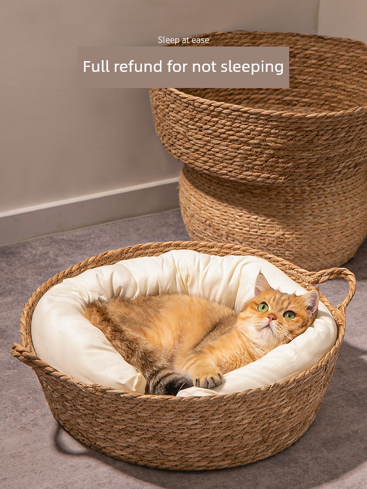 Rattan Cat Nest All Year Round Neutral Summer Cool Nest Papyrus Woven Scratch Board Nest Cat Sleeping Bed Kittens Pet Supplies