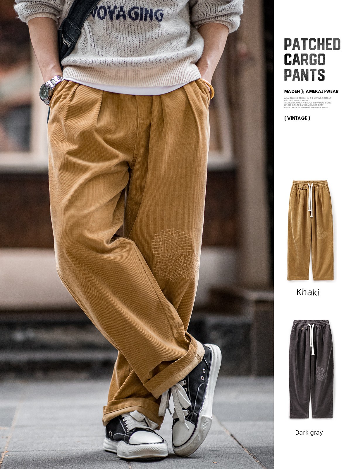 Madden Cargo American vintage Corduroy Patch Casual Pants Vintage Loose Wide Leg Straight Pants Men Autumn
