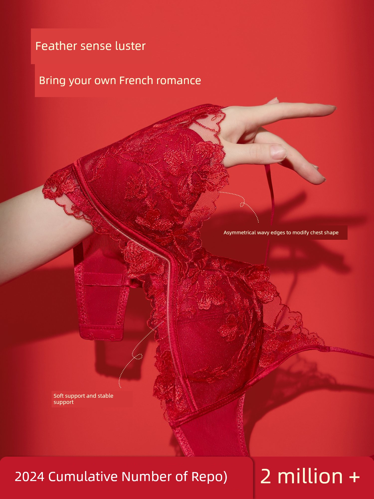 Secretworld Red Lace Intimates Women's Small Chest Gathered French Sexy Birth Year Wedding Bra Set