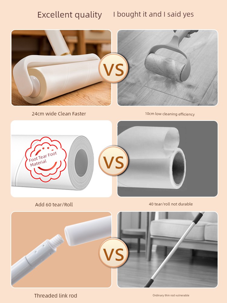 Taili Floor Lent Remover Roller Long Brush Holder Tearable Roll Paper Stick Hair Roller Brush Pet Hair Dust Hair Cleanup Artifact