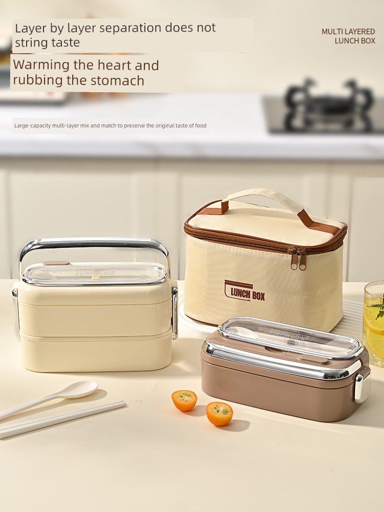 Lunch Box Office Worker 304 Stainless Steel Student Microwave Oven Heating Portable Compartment Bento Box Multi-Layer Lunch Box Cream