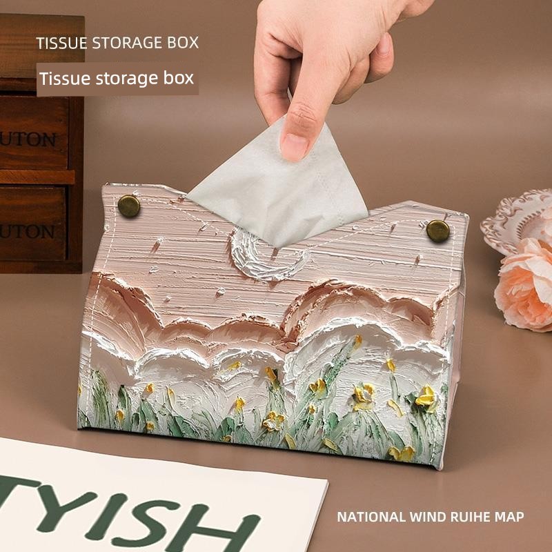Oil Painting Tissue Box For Home Living Room Tissue Box Affordable Luxury Style High-Grade Tissue Box Fancy Leather Napkin Car Box