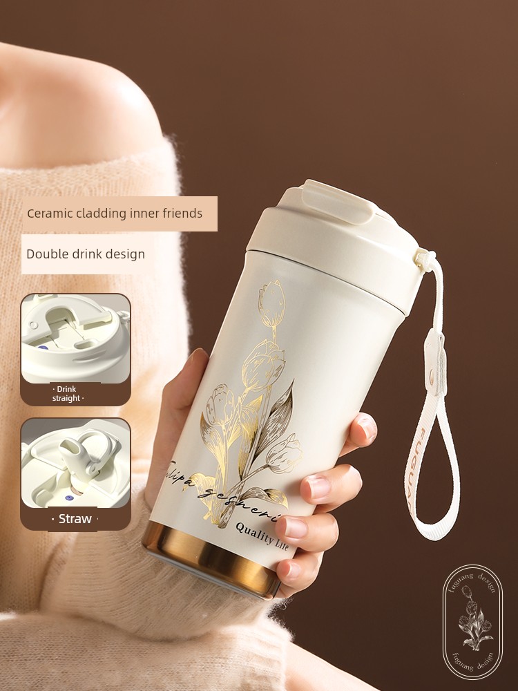 Fuguang Tulip Thermos Cup 24 New Arrival Gift Coffee Cup Girl Good-looking Cup Straw Water Cup Holiday