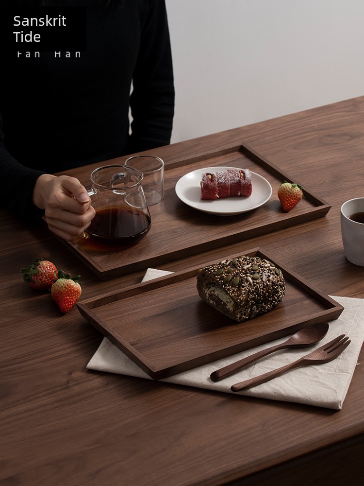 Fanhan Japanese-Style Wooden Tray Rectangular For Home Teaware Cup Cake Black Walnut Wood Dish Tableware