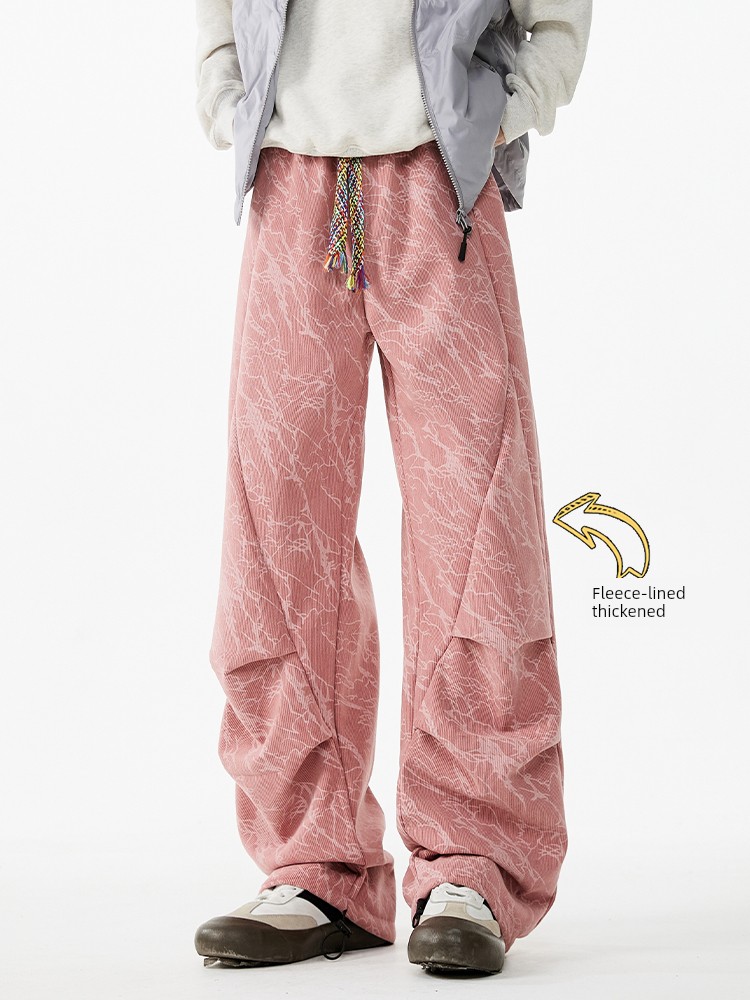 American Style Pink Tie Dye Ruched Straight-leg Casual Pants Women's Winter Loose Street Couple Wear Thick Corduroy Pants