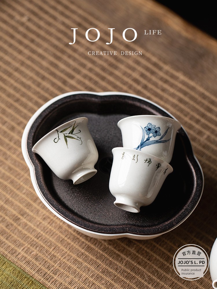 Jojo's L. Pd. Pet. Grass Gray Hand-Painted Porcelain Tea Tasting Cup Handwriting Poem Tea Set Single Cup | Fun Painting