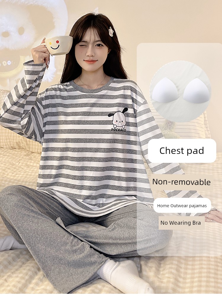 Women's Pajamas with Chest Pad Cartoon Spring and Autumn Thin Long Sleeves Cute 2025 New Arrival Outerwear Homewear Suit