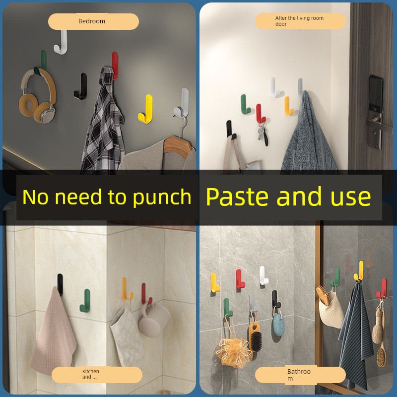 J-Type Hook Strong Back Sticker Hanger behind the Door Punch-Free Kitchen Wall-Mounted Wall Plastic Sticky Hook Multi-Purpose