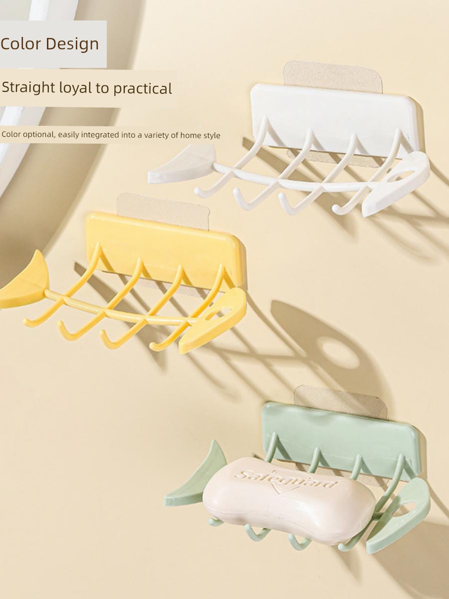 Wall-Mounted Soap Dish Soap Box Punch-Free Toilet Fishbone Soap Drain Box Home Bathroom Storage Rack