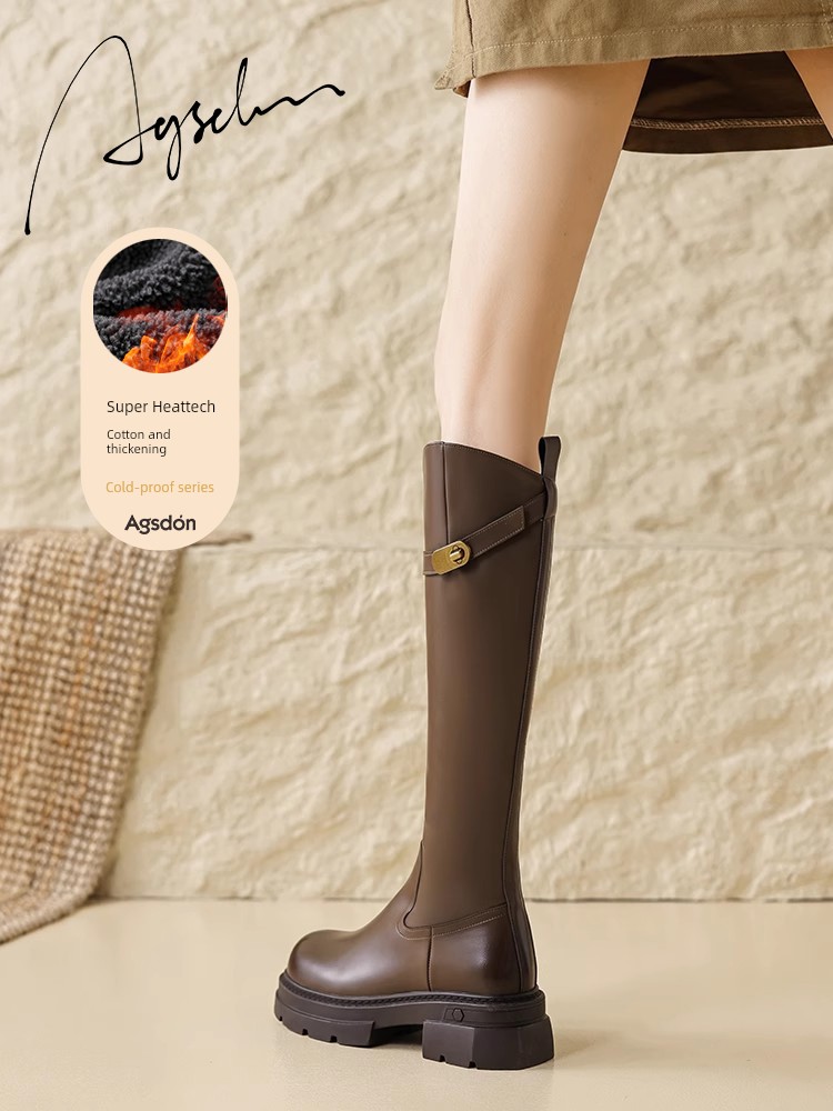 Brown Boots Women's 2024 New Arrival Fall and Winter Fleece-Lined Platform Maillard Boots Small Knee High Long Rider Boots