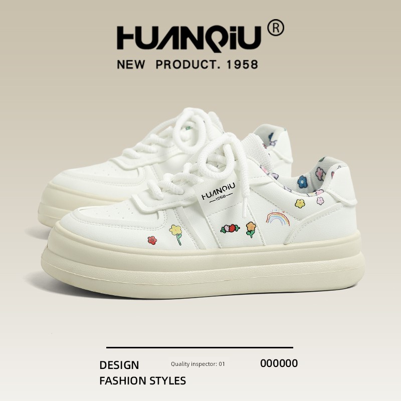 Huanqiu White Shoes Women's 2024 Fall and Winter New Arrival Original Design Shoes Platform Preppy Style Easiest for Match Casual Board Shoes