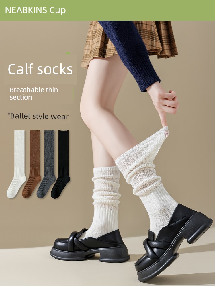 White Calf Socks Women's Summer Thin Cotton Pile Socks Ballet Style with Small Leather Shoes Tube Socks Summer Stockings
