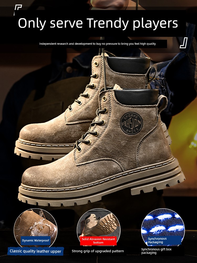 H8 American Retro Boots Men's Shoes Autumn and Winter plus Velvet Snow Boots Men Genuine Leather High Top Working Wear Cotton Boots