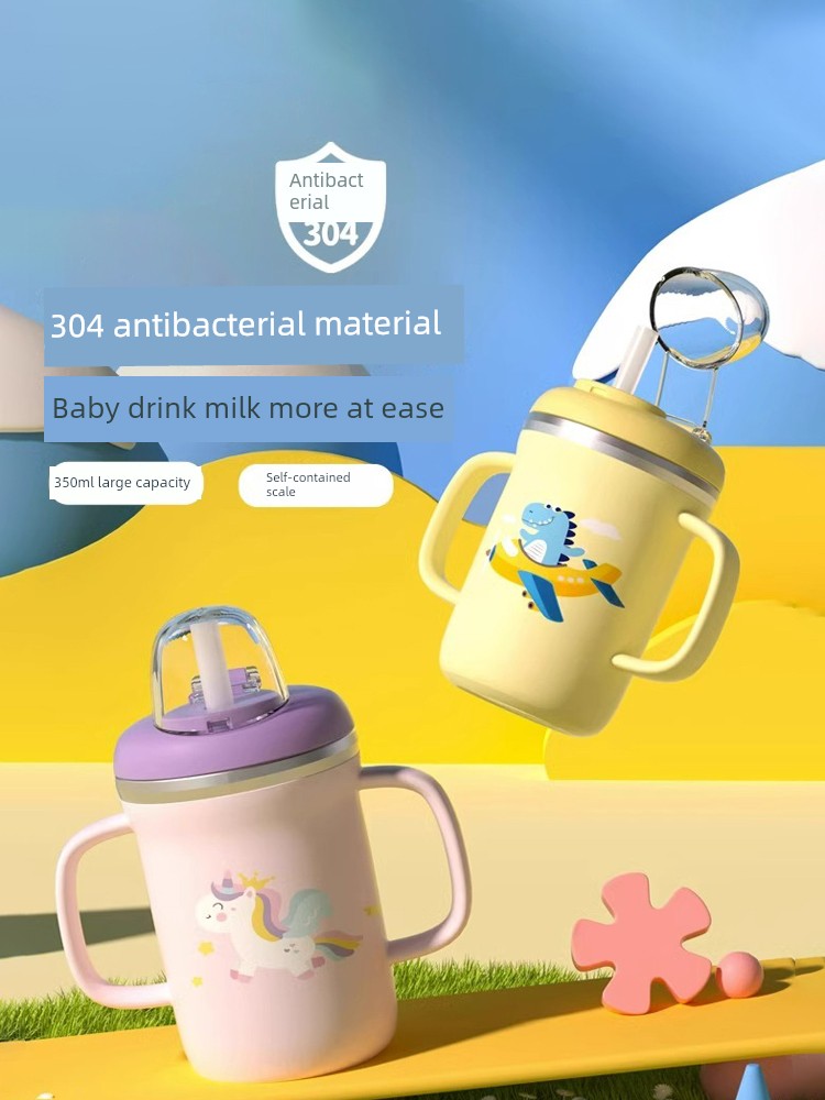 Fuguang Kids Milk Cup with Scale For Home Stainless Steel Baby Straw Milk Foam Cup with Straw Drinking Cup Drop-Resistant