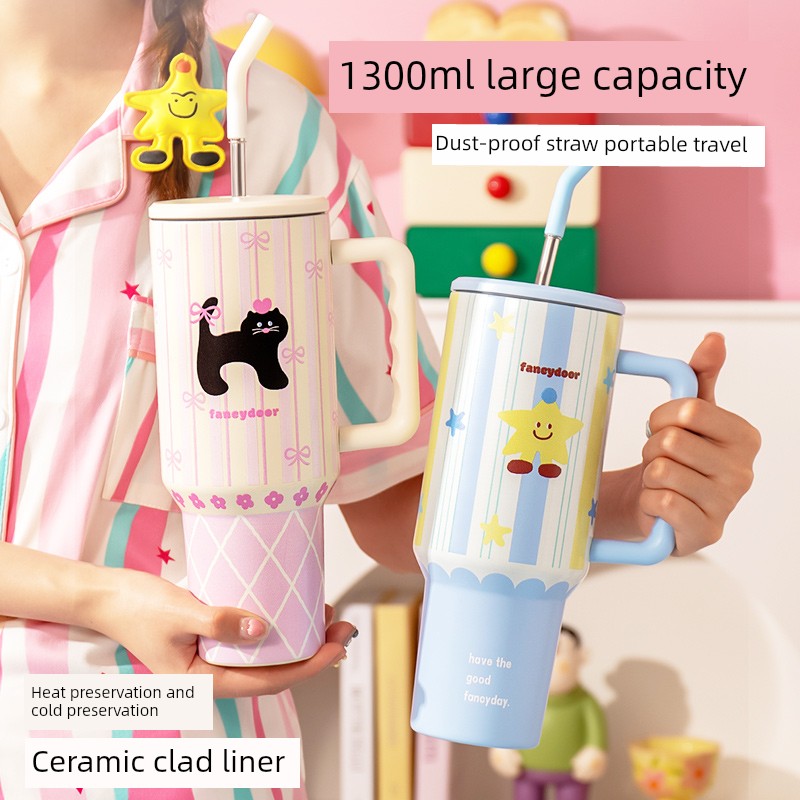 Jie'an Xi Vacuum Cup Women's Large Capacity Ceramic Coffee Cup with Cold Preservation Ice Cream Cup Men's Children's Straw Water Pot