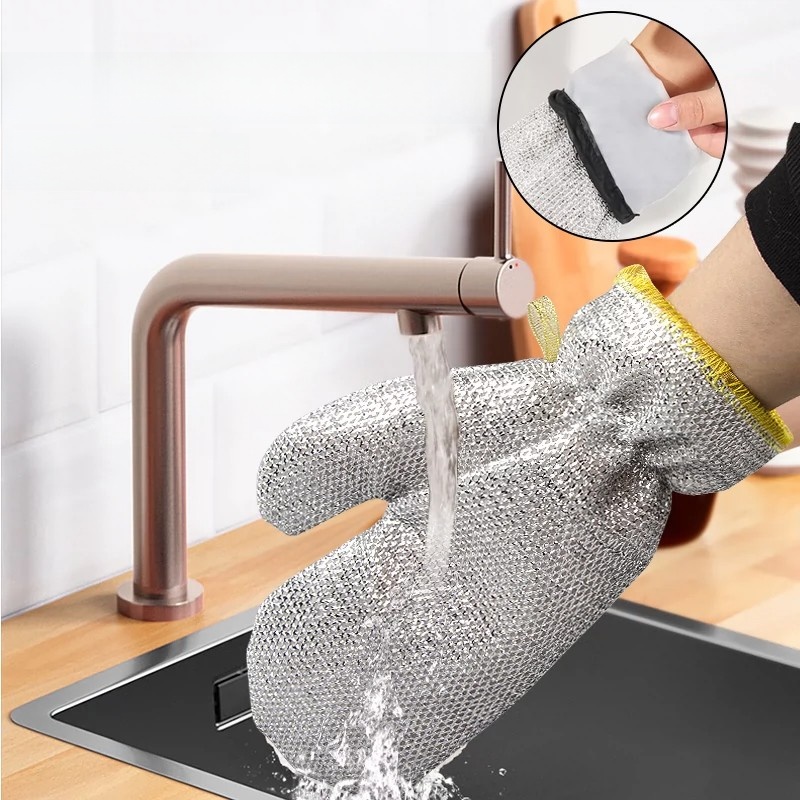 Steel Wire Dishwashing Gloves Kitchen Household Lengthen and Thicken Waterproof Not Hurt Pot Steel Wire Rag Dishcloth Fabulous Pot Cleaning Tool